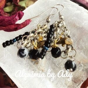 Black Gemstone Drop Earrings • Silver Chain Dangles • Handmade Statement Pair